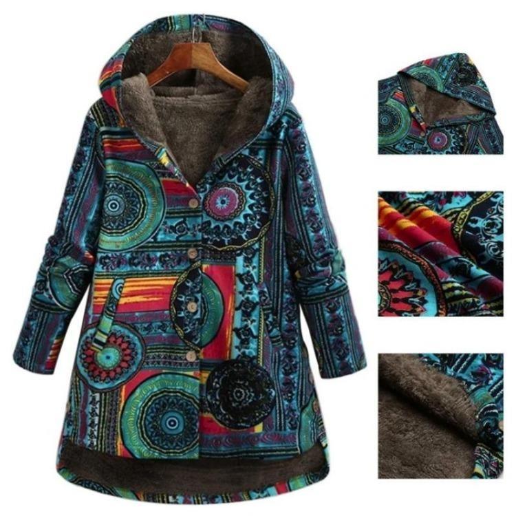 Winter Warm Damen Nationalstil Retro Langer Bedruckter Hoodie Mantel Große Größe Schlankes Temperament Oberbekleidung