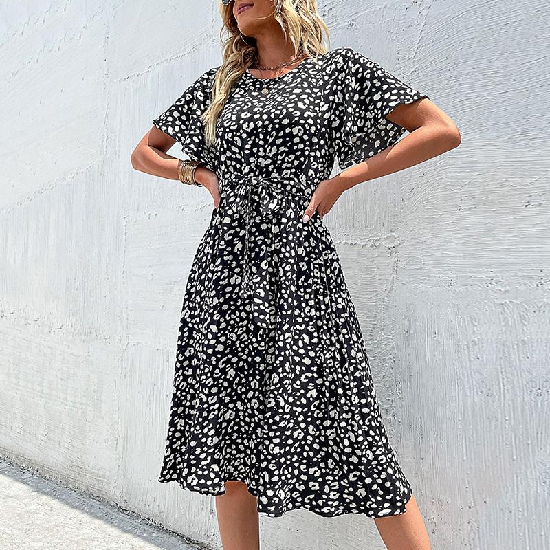 YYFS Dámská móda Léto Jaro Květinový potisk Neformální šaty s krátkým rukávem do O-výstřihu