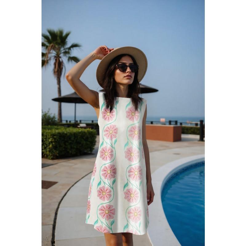 

YYFS Женская мода Лето Весна Цветочный узор Принт Без рукавов О-образный вырез Свободная талия Повседневные платья S