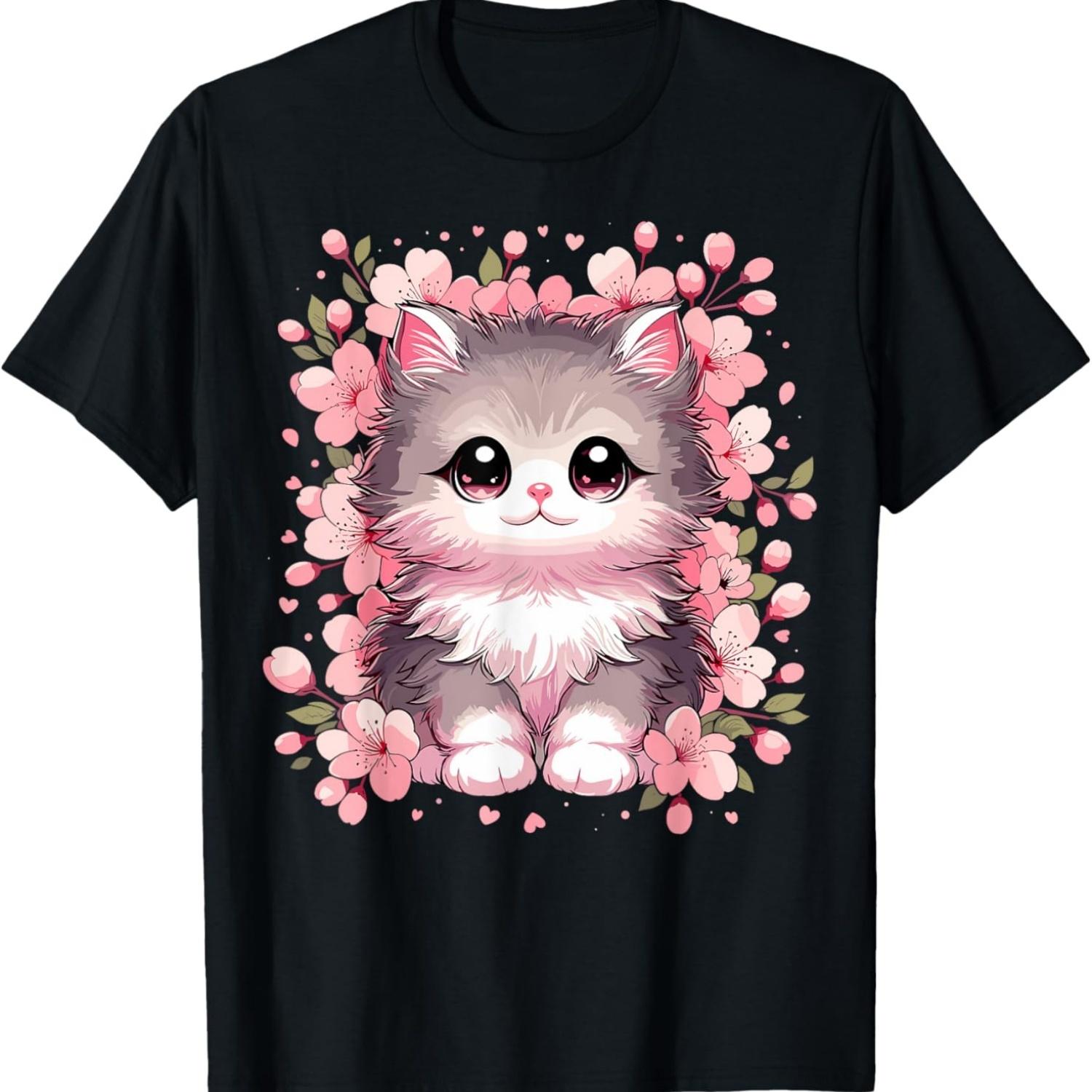 Cute Kawaii Cat With Cherry Blossoms Cat T-Shirt S чёрный