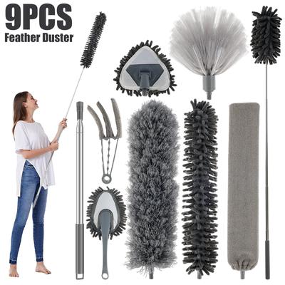 9Pcs Microfiber Feather Duster Brush Set Extendable Telescoping Pole Bendable Chenille Dusters Washable Household Cleaning Tools