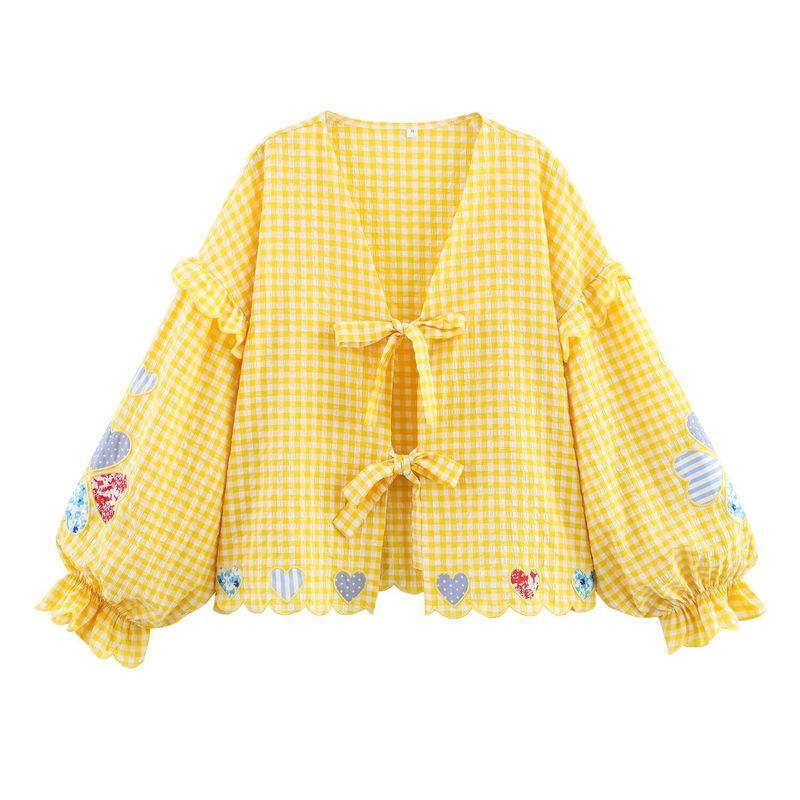 Kaslead New Women Clothes Western Style Fashion Simple Love Heart Plaid Embroidery Lace-up Shirts