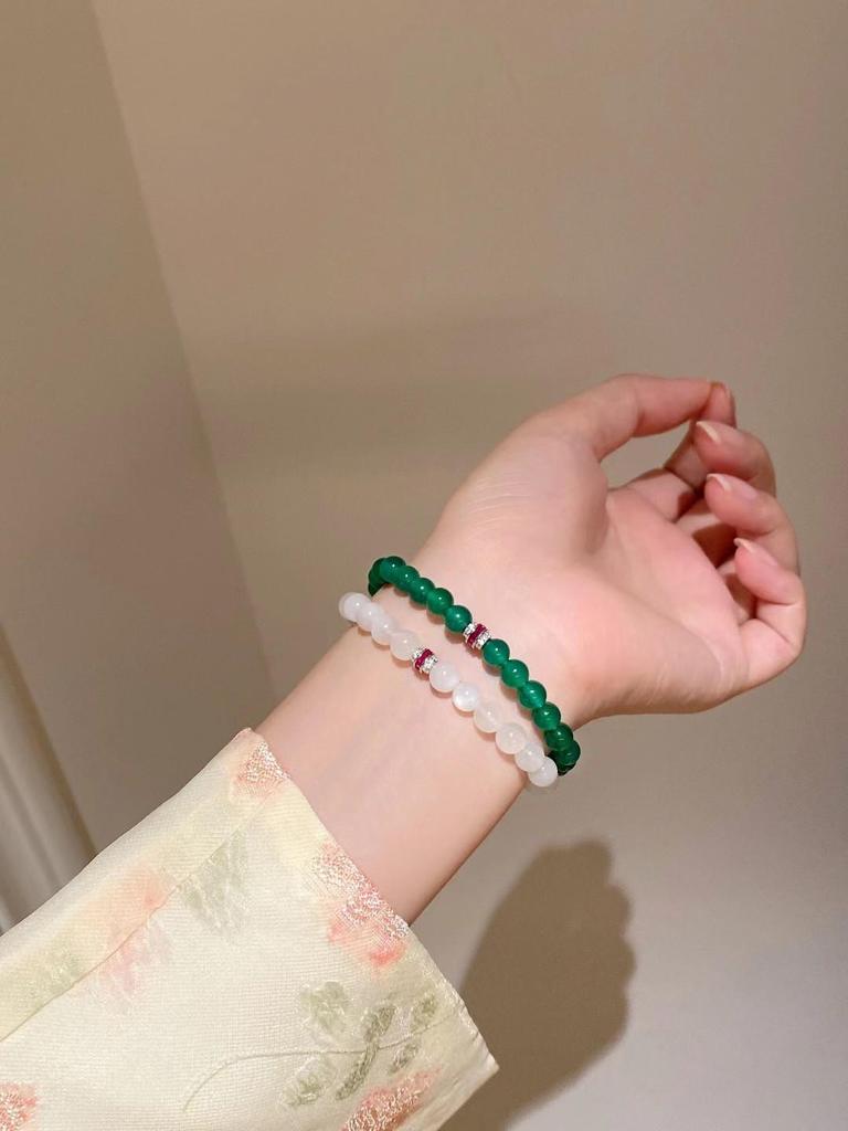 Elegant Green Chalcedony Agate Beaded Bracelet - 6mm & 10mm Beads, New Chinese National Style