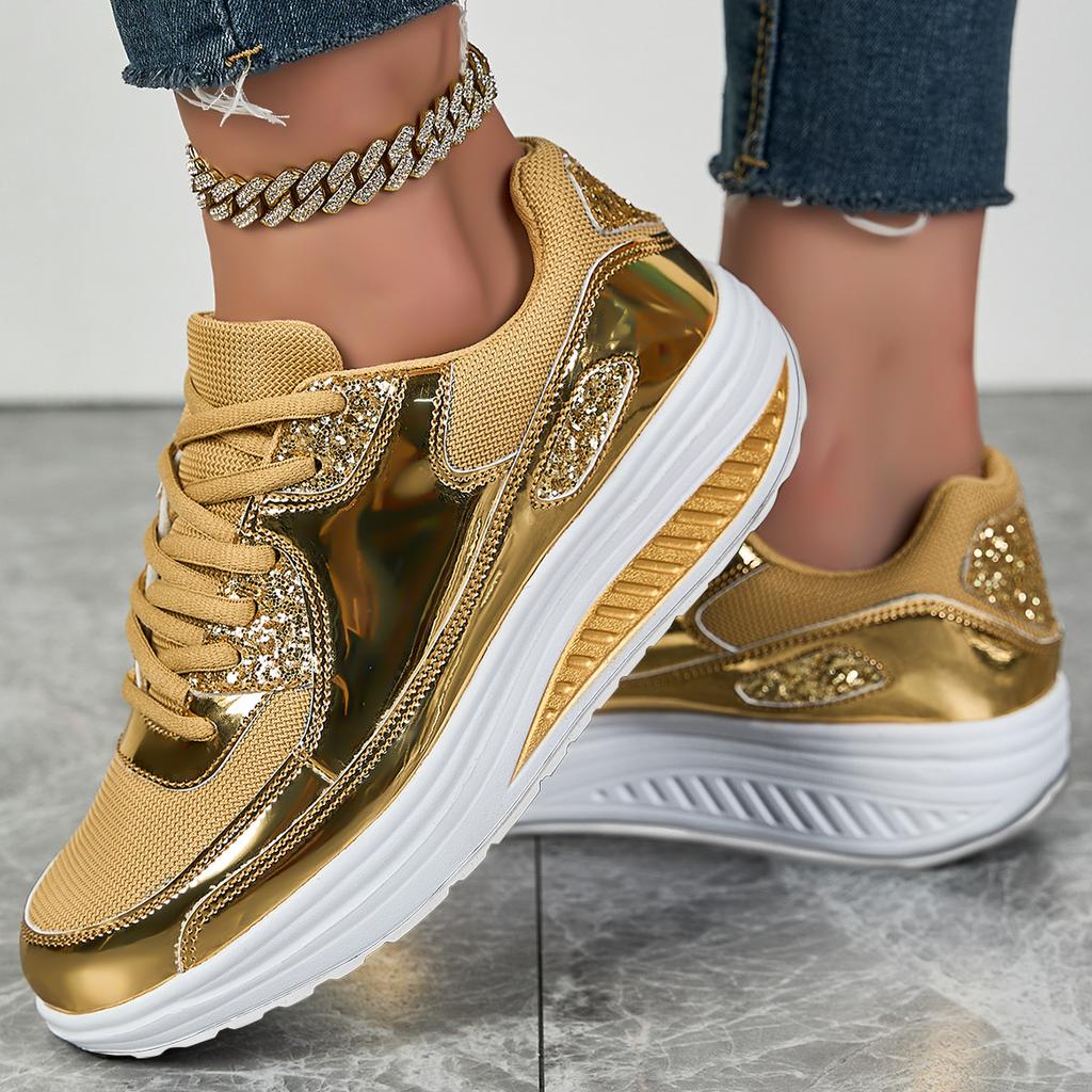 Sparkly Platform Sneakers for Women,Chunky Sole Breathable Gym Shoes Plus Size Lace-Up Casual Sports Shoes