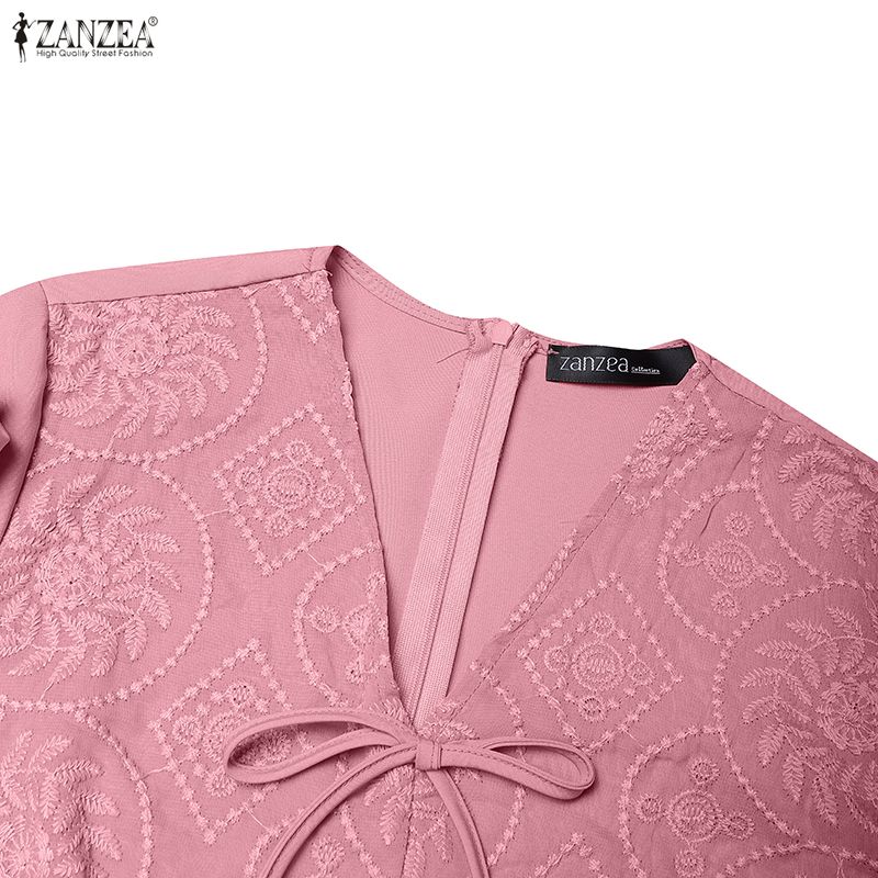 ZANZEA Women Casual V-Neck 3/4 Sleeve Loose Patchwork Embroidery Long Dress