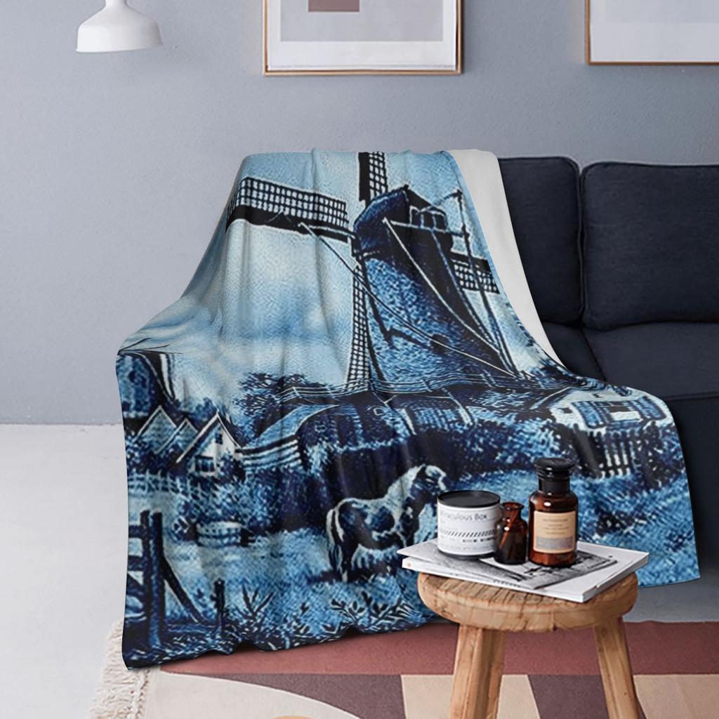 Dutch Blue Delft Vintage Windmill Blankets Soft Warm Flannel Throw Blanket Bedspread for Bed Living room Picnic Travel Home Sofa