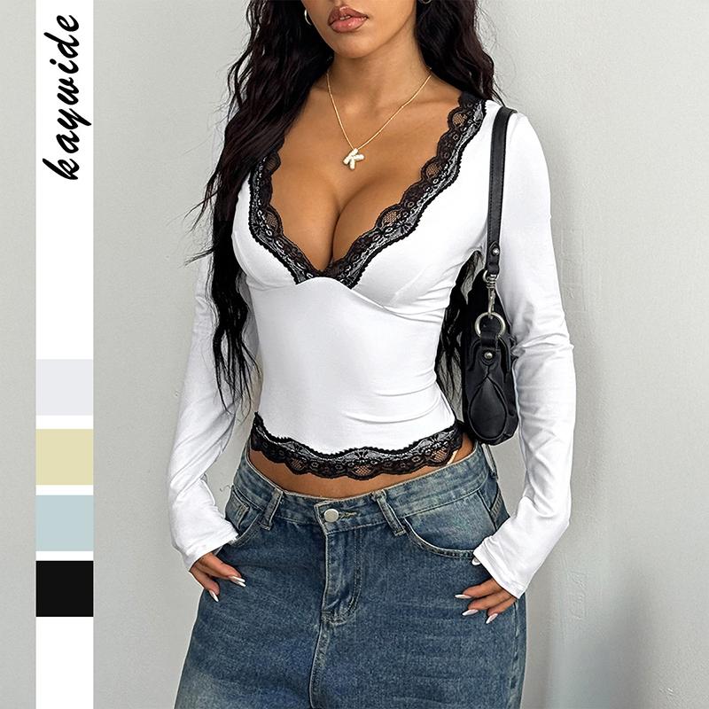 

Y2K Ladies Autumn Winter Long Sleeve Deep V Neck Lacework Solid Color Slim Fit Pullover T Shirt Crop Top S