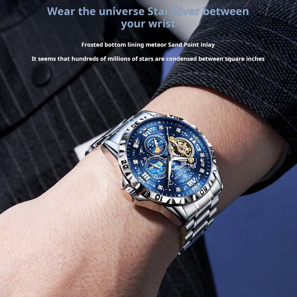 LOUIE JUELEN Nové automatické mechanické hodinky Business Vodotěsné Svítící Slunce Měsíc Hvězdy Pánské náramkové hodinky Hodiny reloj hombre