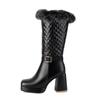 Women's High Heel Boots Autumn and Winter New Waterproof Platform Thick Heel Large Size Plush Mid-calf Boots