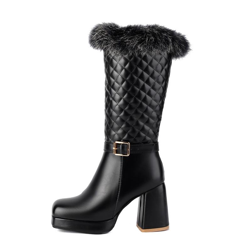 Women's High Heel Boots Autumn and Winter New Waterproof Platform Thick Heel Large Size Plush Mid-calf Boots