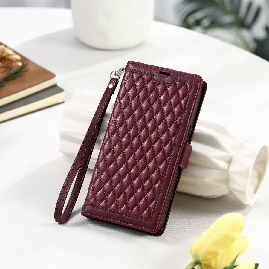 Mote preget rutete PU-lær flip-deksel for Xiaomi/Redmi/OPPO/VIVO/Huawei/Honor Lommebok Kortspor Håndleddsreim Telefondeksel for kvinner