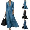 Women’s Vintage Denim Maxi Dress with Button Front Long Sleeves Lapel Collar Full Length Skirt Casual Style