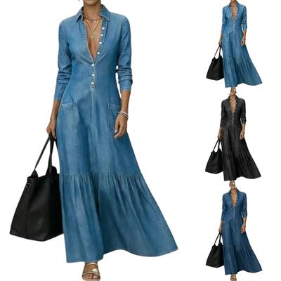 Damen Vintage Denim Maxikleid Langarm Knopffront Hemdkleid Lässig Lockerer Schnitt Langer Rock mit Taschen