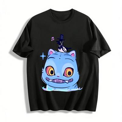 Funny Blue Cat & Top Hat Bird Print T-Shirt Unisex Casual Cartoon Loose Fit Tee For All Pure Cotton T-shirt