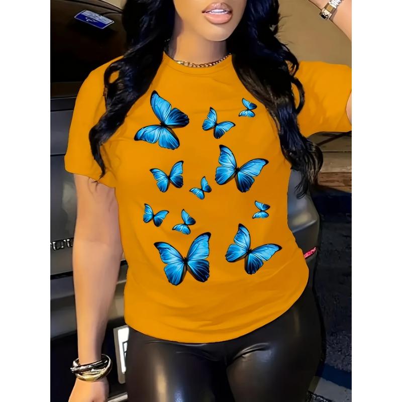 Butterfly Print Fashion Casual Short Sleeve Round Neck Women's T-Shirt