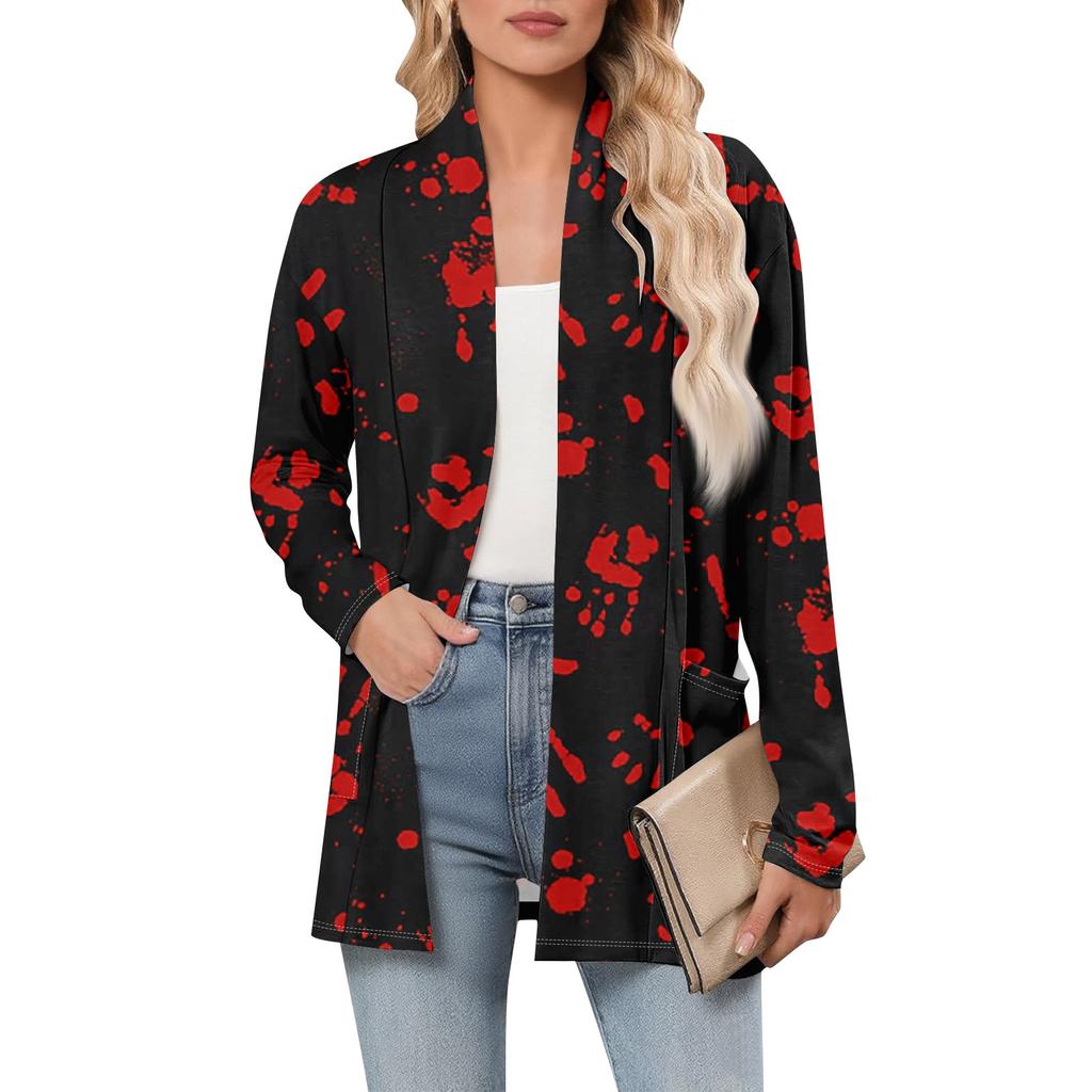 Women's Long Sleeve Cardigan V Neck Fashion Halloween Printed Shirt Lightweight  Casual Loose Thin Cardigans With Pockets