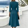 Women V Neck 34 Sleeve Midi Dress Solid Casual Loose Fit Waist Pleated A Line Elegant Office Wear Simple Style