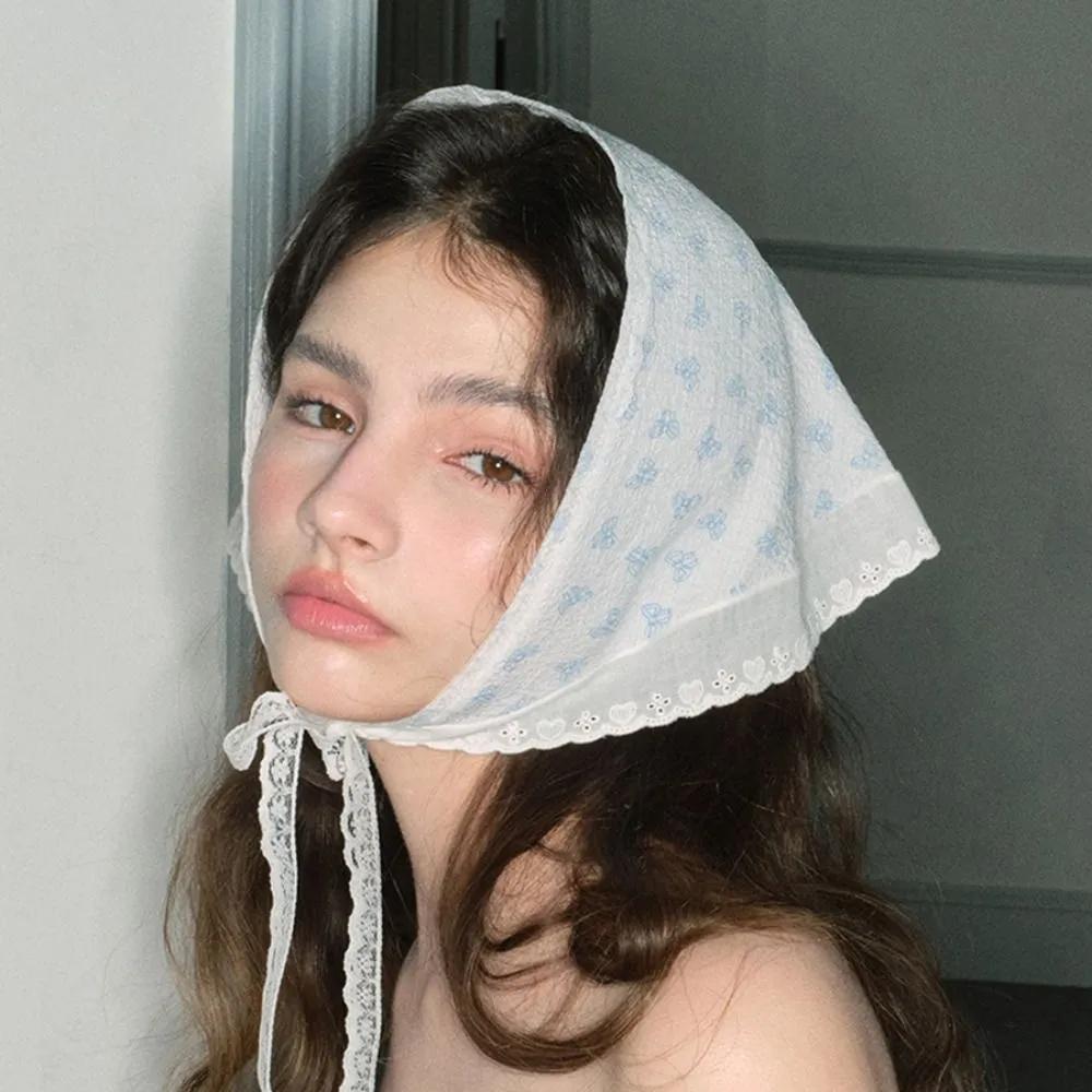 Rubien Hair Bandana / Ribbon Lace Triangle Kerchief Scarf Bandana Bonnet Sky