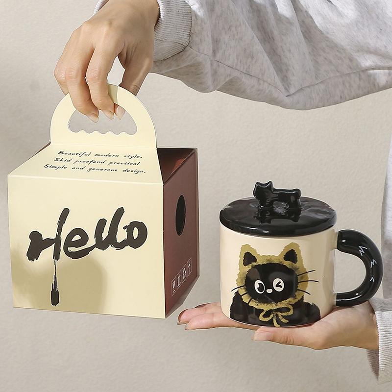 Roztomilý keramický hrnek s víčkem s kočkou, šálek na kávu, hrnek na pití, kancelářský dárek, praktický dárek k narozeninám