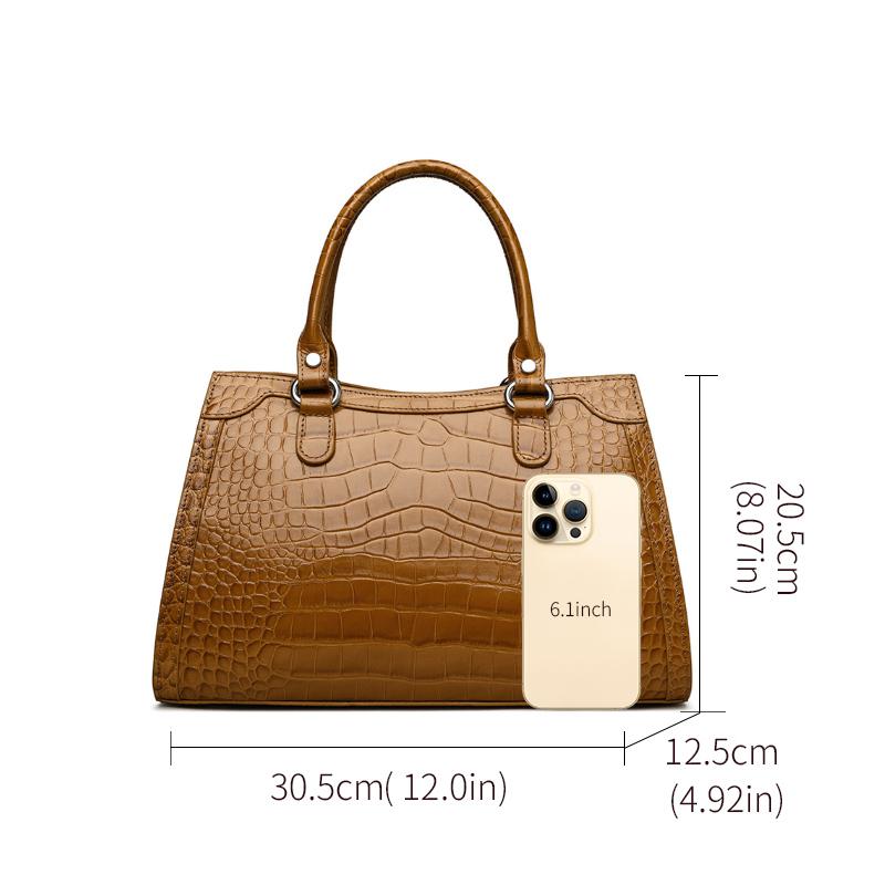 Stylish Brown Croco-Embossed Cowhide Tote Bag – Lightweight & Elegant for Travel