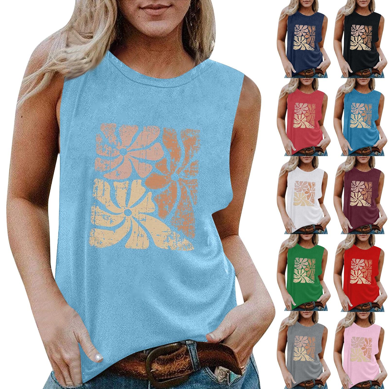 

Women s Round Neck Casual Sleeveless Floral Print Tank T-Shirt Top L