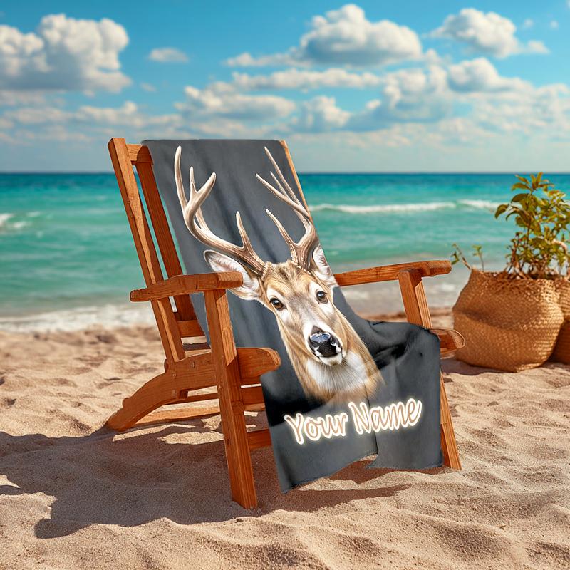 1PC Custom Name Deer Portrait Beach Towel Highly Absorbent And Sand-Resistant Towel for Swimming, Pool, Yoga, And Travel Lightweight