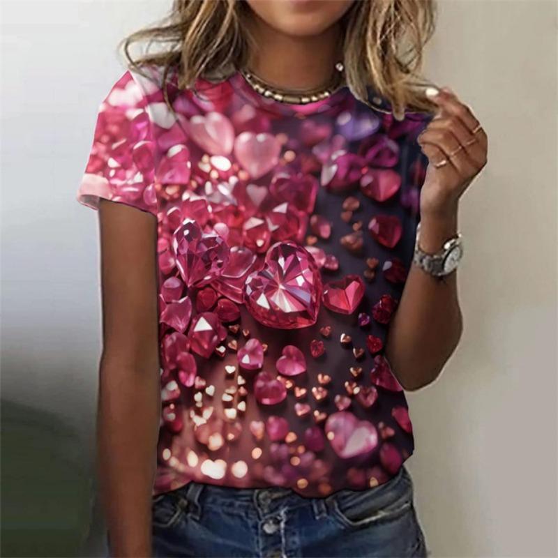 3D Printed Heart Love T Shirt For Women Colorful Glass Pattern Tees Summer Casual T-Shirts Round Neck Tops Loose Short Sleeves