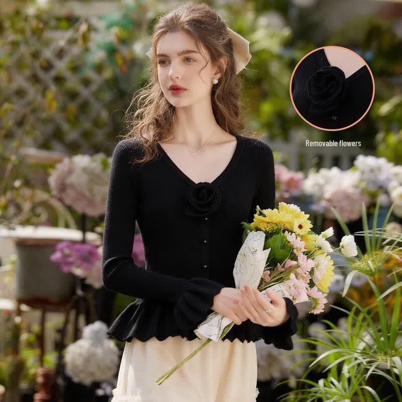 Bailuyu Women's V-Neck Ruffle Knit Sweater with Detachable Flower