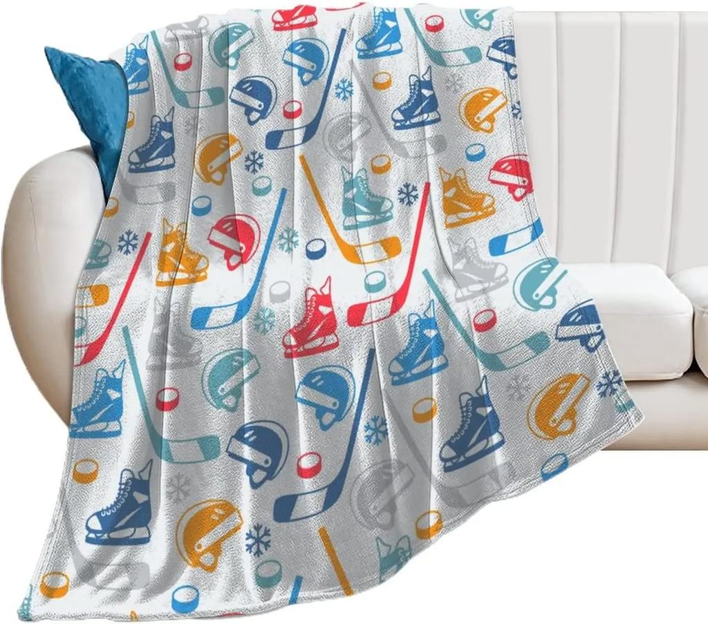 Ice Hockey Flannel Throw Blanket Winter Sport Pattern Blanket for Bed Sofa Couch Warm Lightweight Super Soft King Queen Size
