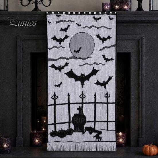 Halloween Party Table Set Door Curtain, Lace Spider Web Fireplace Cover, Scary Skeleton Witch Shrink-resistant Fabric Bat Print Window Drapes for Home