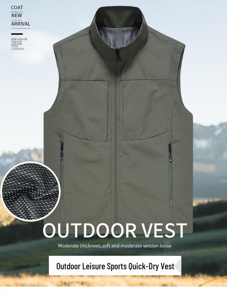 Spring Men's Breathable Outdoor Photography and Fishing Vest with Stand Collar and Logo Print