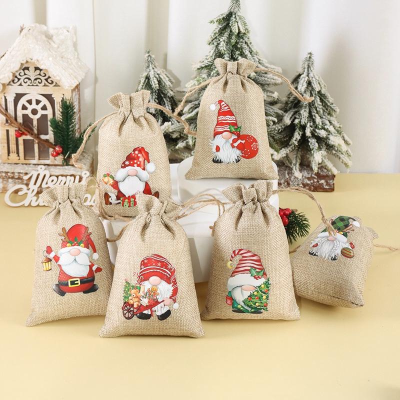 6pcs Linen Cotton Gifts Candy Bag Merry Christmas Decor For Home 2026 Xmas Navidad Natal Noel Gifts New Year 2026 Packing Bag