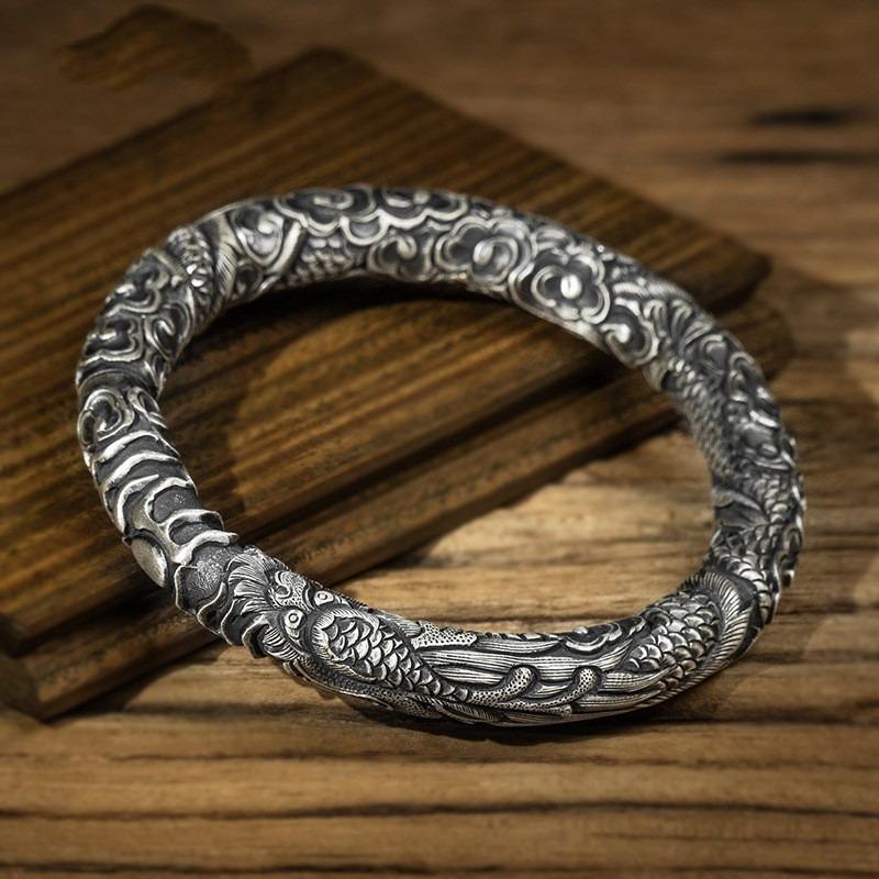 Snowflake Silver Bracelet Men's Personalized Retro Wear Yunlong Pattern Full Dragon Sterling Silver Bracelet National Style