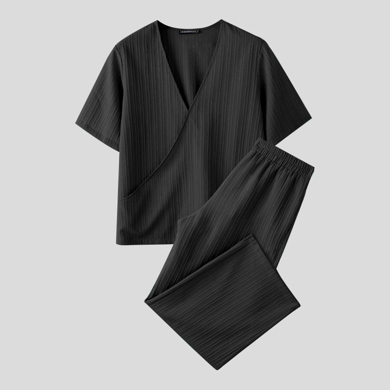 INCERUN Two Pieces Outfits Men V Neck Texture Short Sleeve Shirt Long Straight Pants Sets