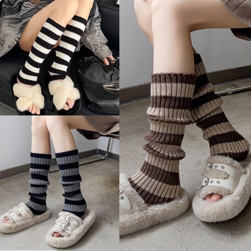 Contrast Color Striped Leg Warmers for Women Girls Ribbed Knitted Boot Covers Over Calf Socks for Dance Parties Hosiery