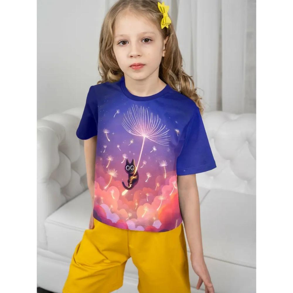 Summer T-shirt for Girls Cute Cat Print Tops Fashion Comfort Round Neck Short-sleeved Outdoors Quick-drying Children's Clothing