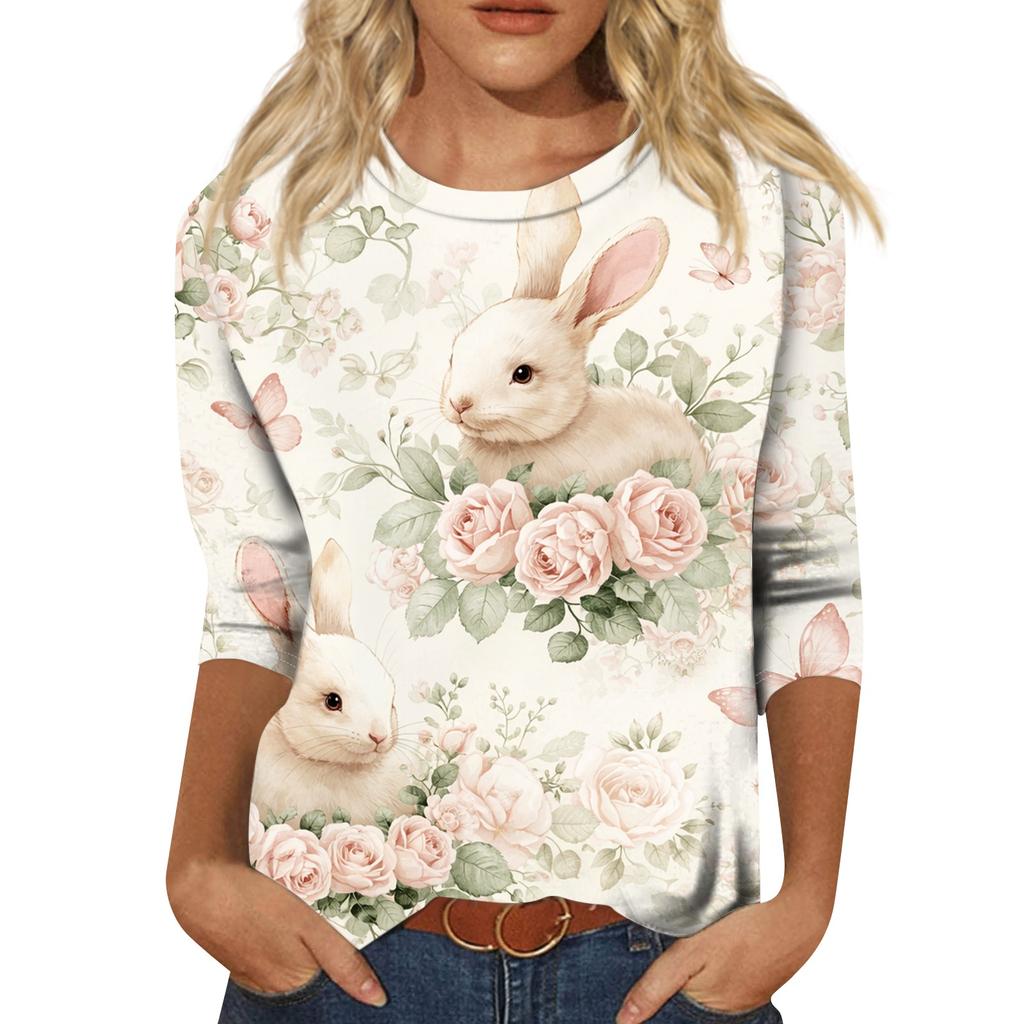 Women's Fashion Casual Sleeve Easter Elements Print Round Neck Top