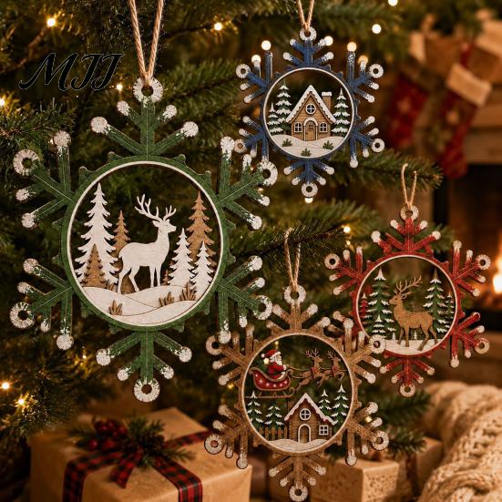Lightweight Wooden Xmas Tree Hanging Set 4 Pcs Christmas Snowflake Ornaments, Rustic Decoration with Indoor Window Wall Ornaments Elk Village