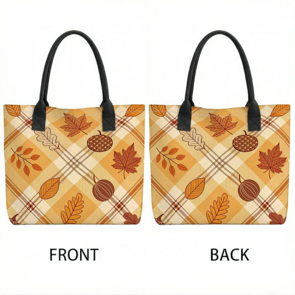 Autumn Maple Pumpkin Plaid Canvas Tote Bag Casual Large Capacity Reusable Daily Shoulder Handbag for Women