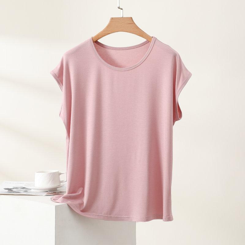 Camiseta Modal de Mujer Verano Fina Cuello Redondo Manga Corta Blusa Minimalista Holgada Tallas Grandes Transpirable Casual Diaria Camisetas