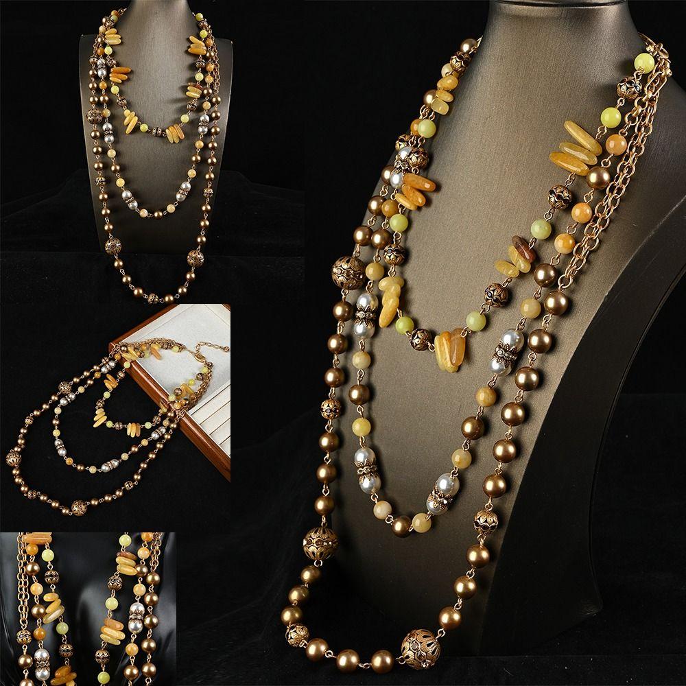 Pearl and Shell Beaded Long Necklace Vintage Three Layers Necklace Antique Necklace  Women Girls