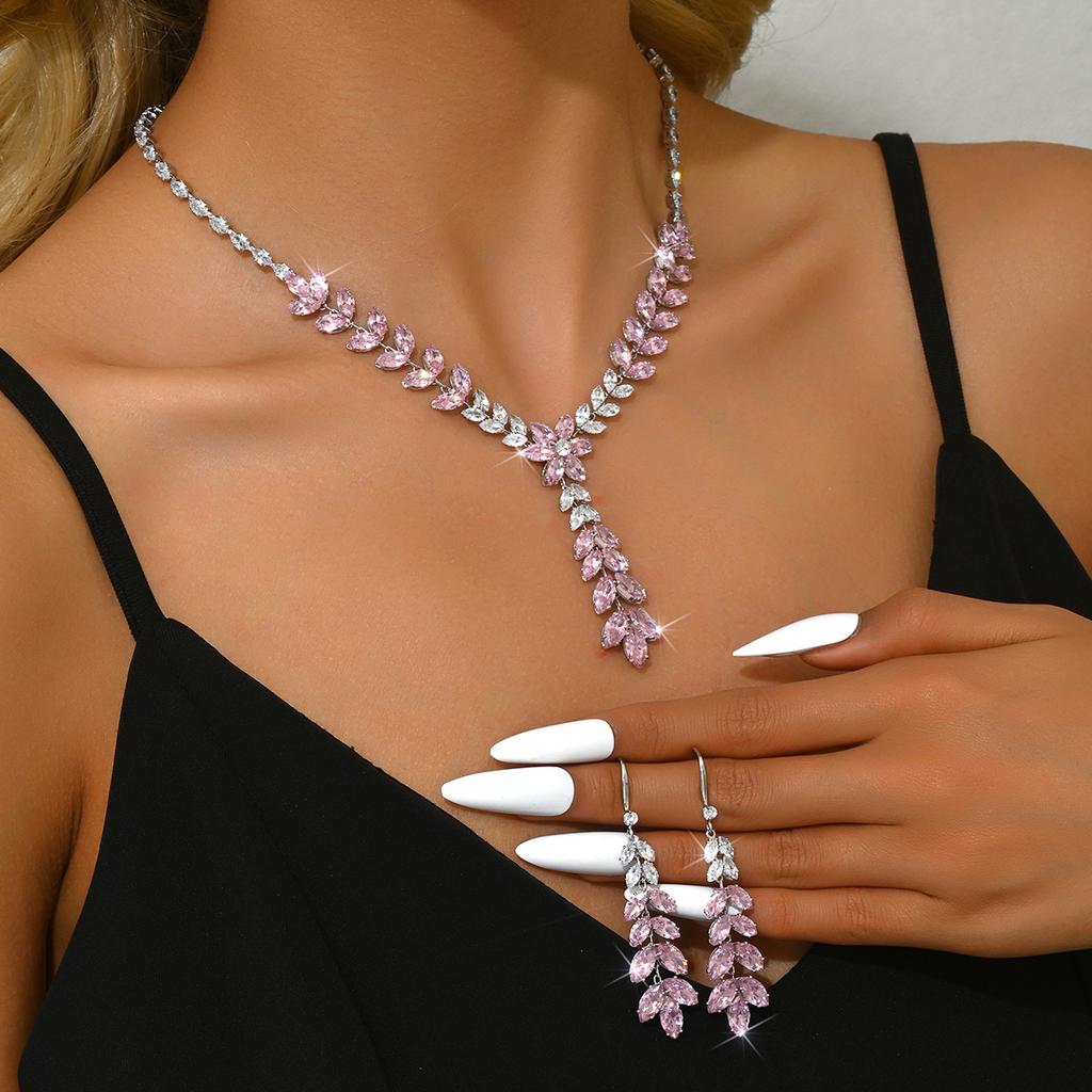 3PC Women's Fashion Zircon Leaf Flower Necklace Earrings and Zircon Set, Suitable for Wedding, Party, and Festival Gifts