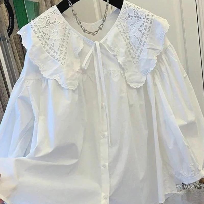 Women's Casual Loose Doll Collar Blouse, Elegant Lace Trim Peter Pan Collar Shirt, Sweet Daily Top for Spring Summer