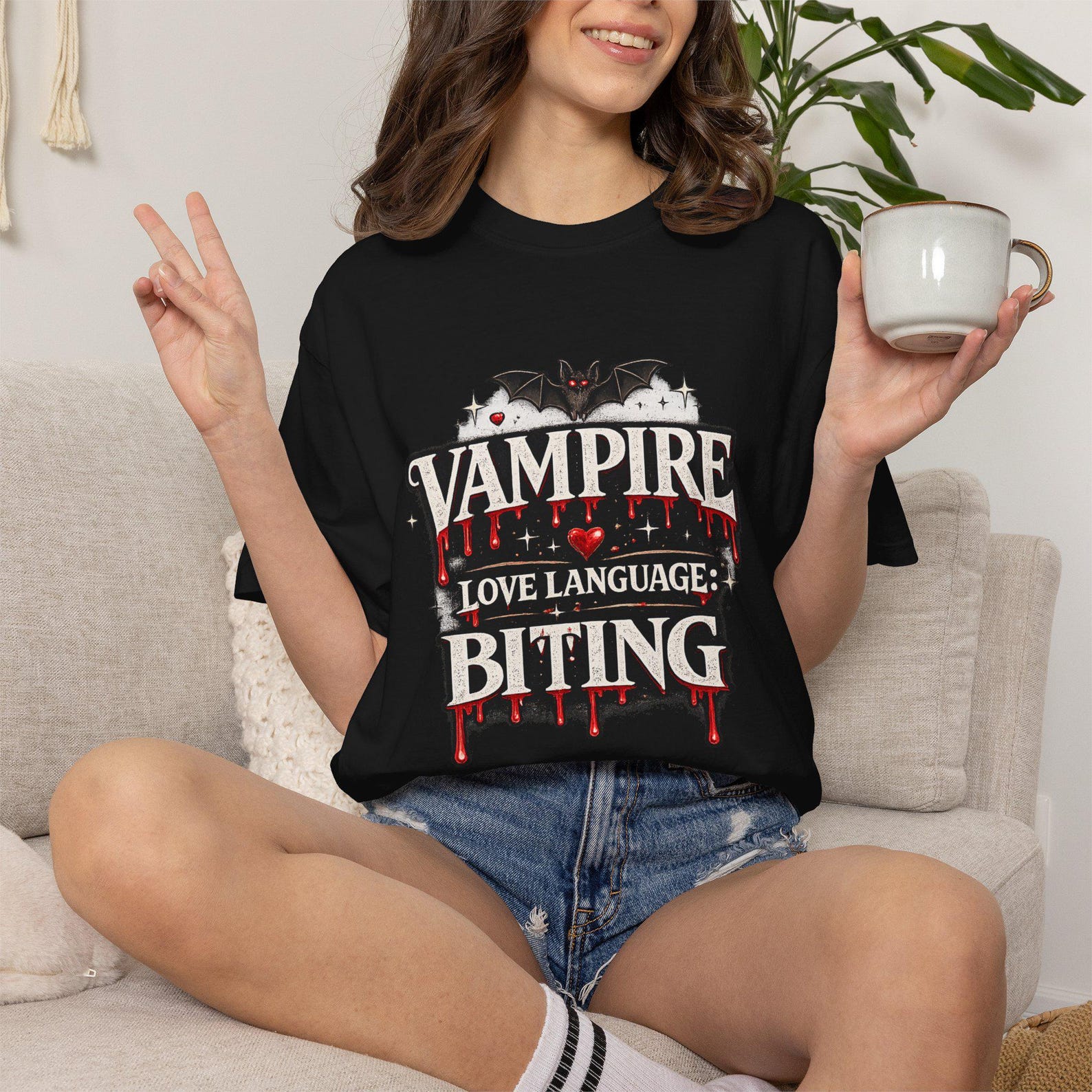 Vampire Love Language Biting Unisex Garment-Dyed T shirt,Goth Valentine Tee, Spooky Romance Gothic Couple Gift, Halloween Love S