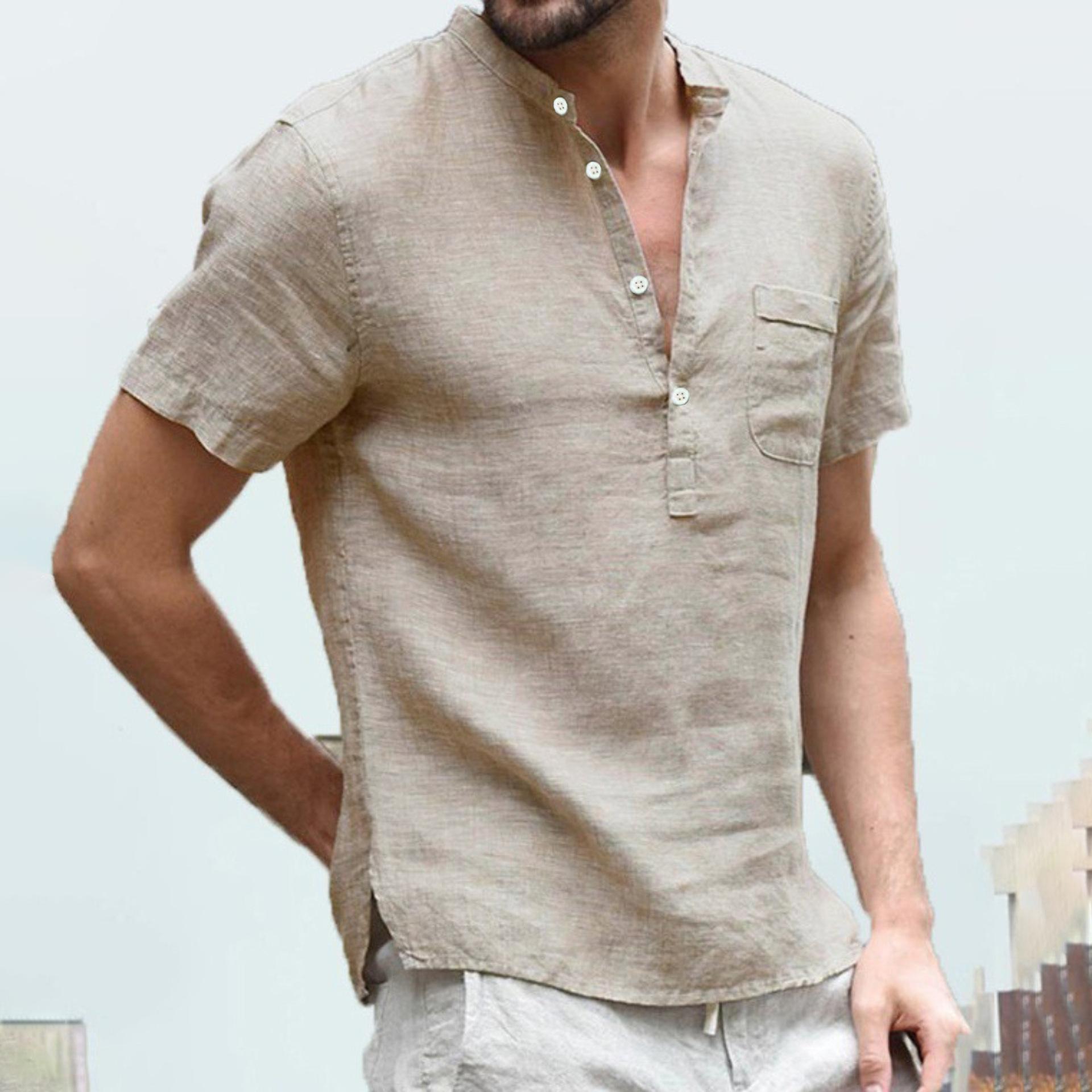 

Plus Size Men s Summer Comfortable Thin Breathable Short Sleeve Linen T-Shirt Simple Fashion Solid Stand Collar Button Top with Pocket 4XL хакі