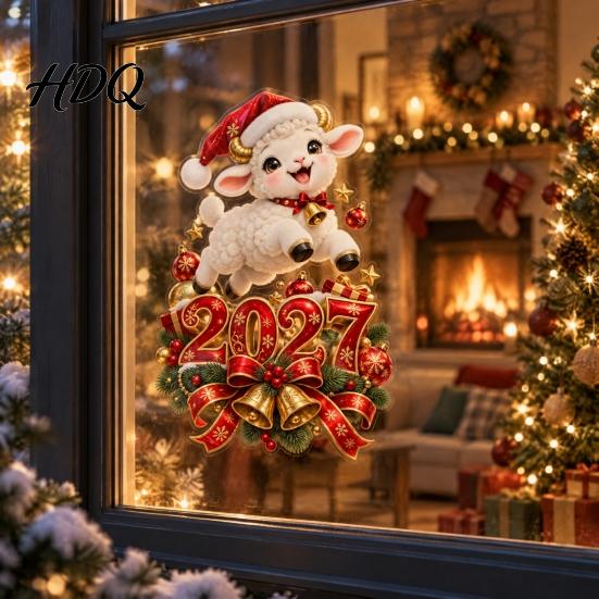 Christmas Lamb Window Art 2027 New Year Clings Cartoon Sheep Static Glass Stickers Door Festive Ornaments of Goat Decal for Holiday Home Office