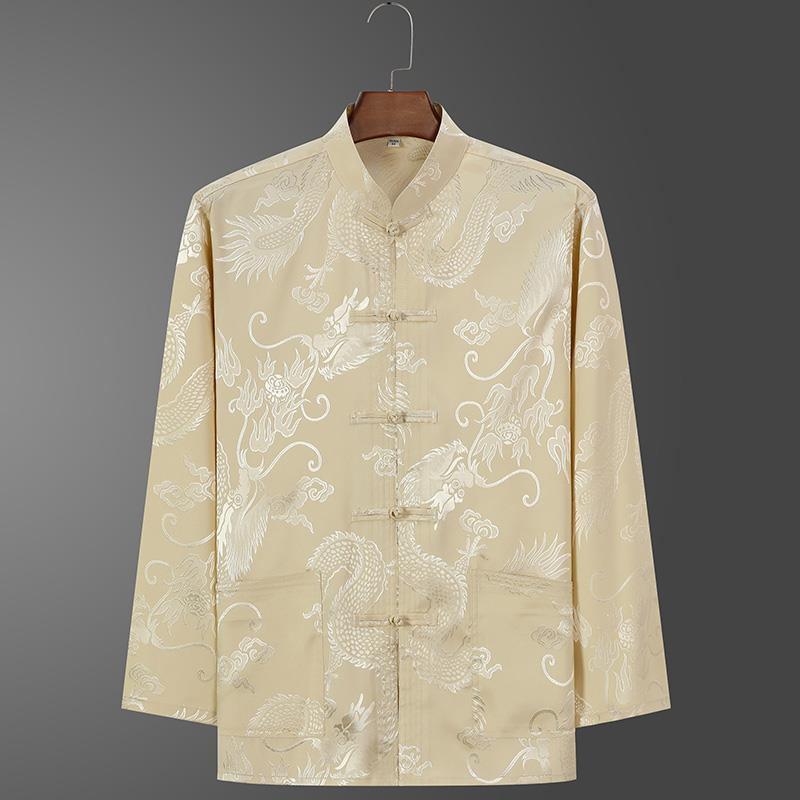 Ice Silk Tang Suit Long-Sleeved Shirt: Men's Chinese-Style Spring/Autumn Dress for Middle-Aged and Elderly