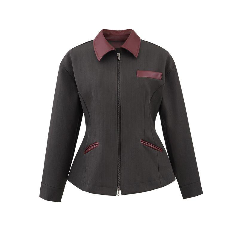 

Harano Caramel American Retro Normcore British Style Temperament Wild Design Leather Trim Waist-Tight Outline Jacket Outwear Field Grey L