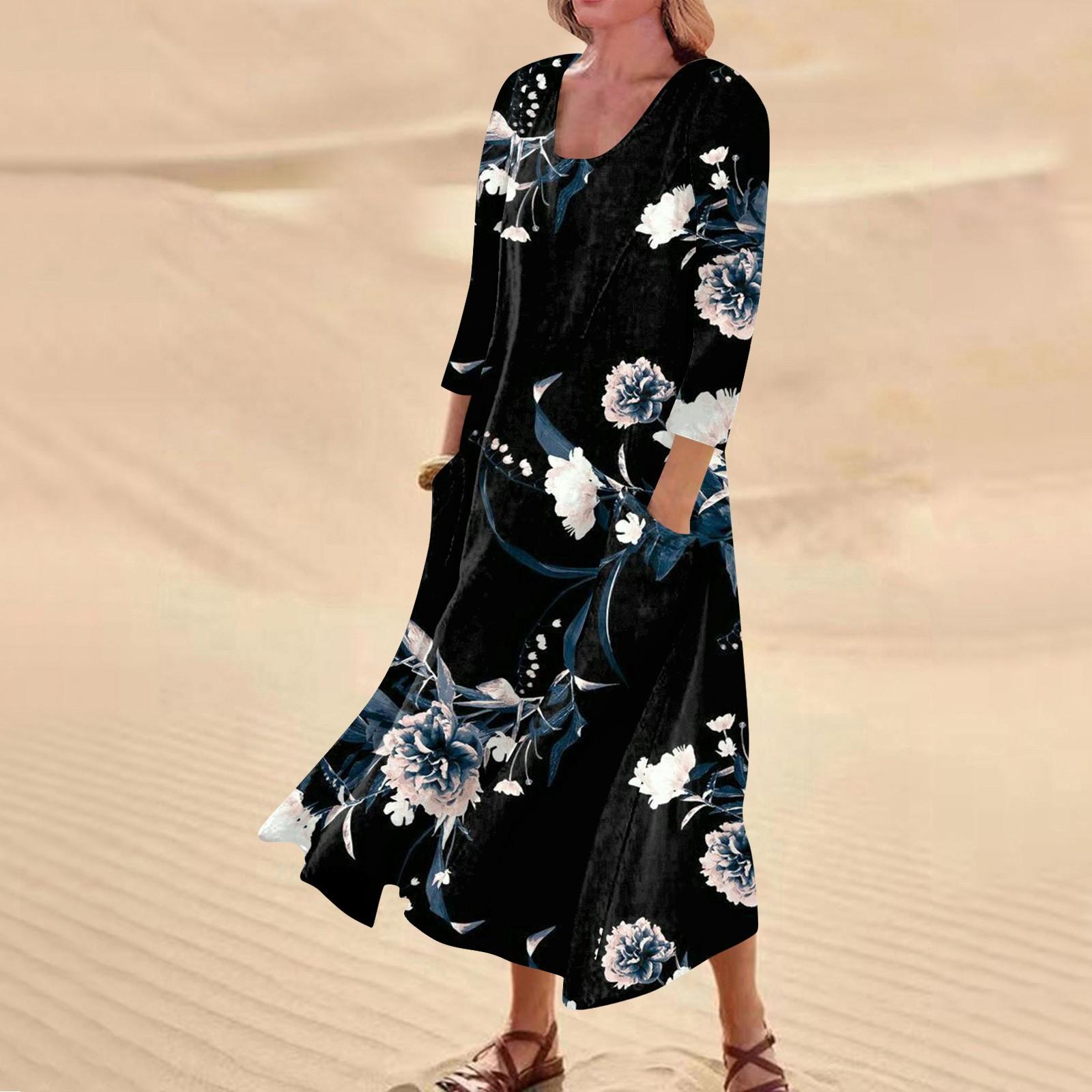 

Женское повседневное удобное хлопковое карманное платье с цветочным принтом и рукавами три четверти L чёрный