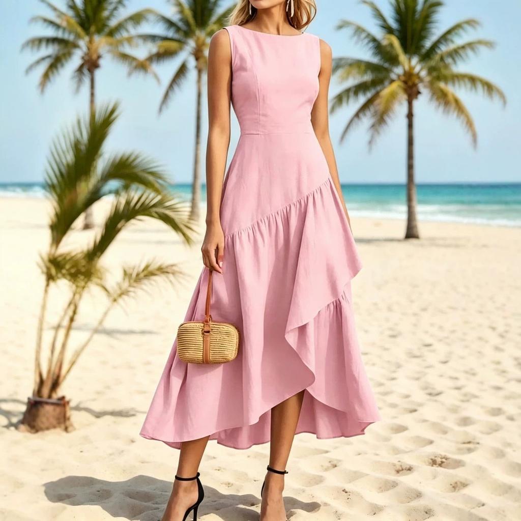 Women's Casual Vintage Round Neck Sleeveless Ruffle Dress
